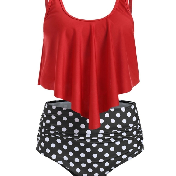 Red Tankini Set with High Waisted Bottoms - Picture 3 of 8